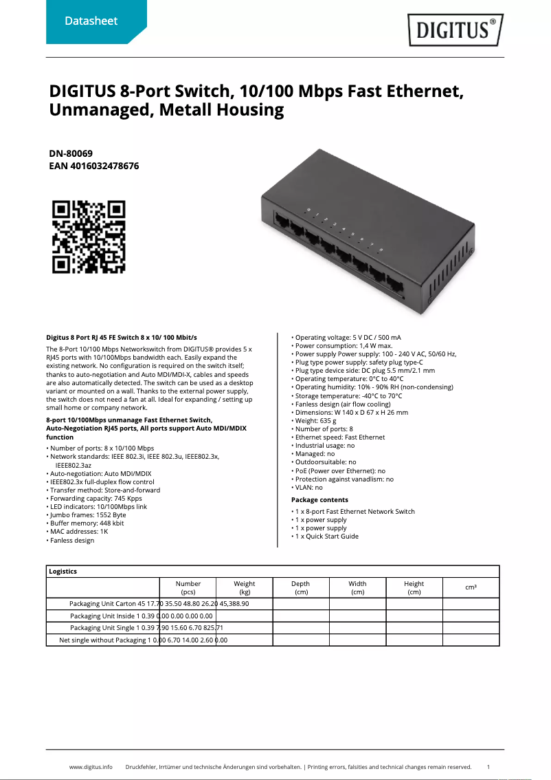 Page 1 de la notice Fiche technique Digitus DN-80069