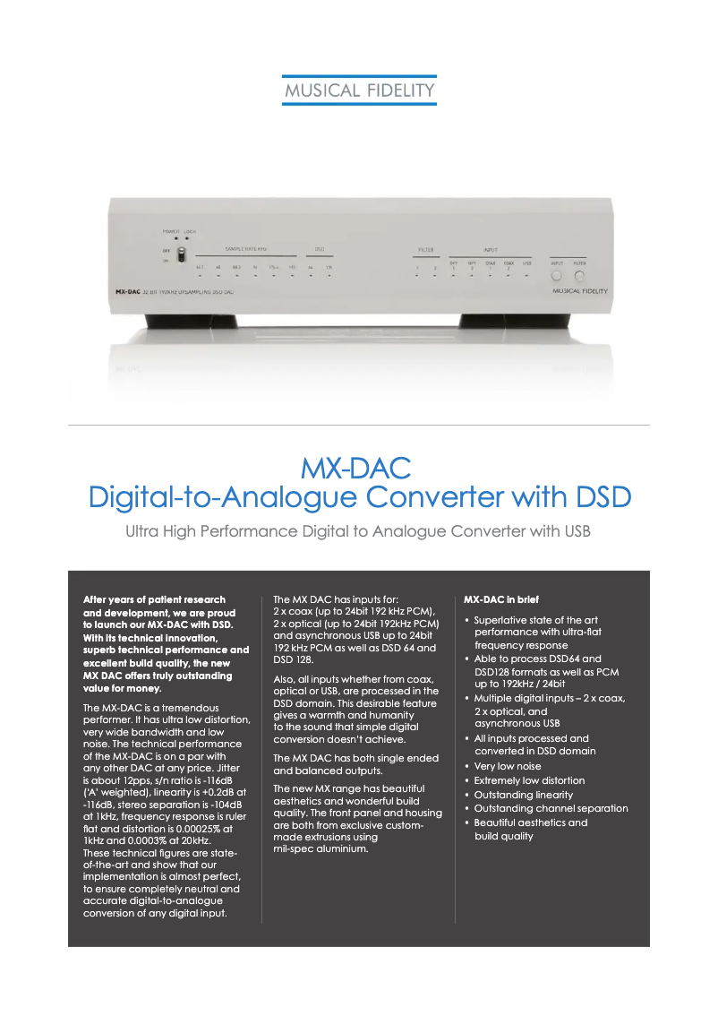 Page 1 de la notice Fiche technique Musical Fidelity MX-DAC