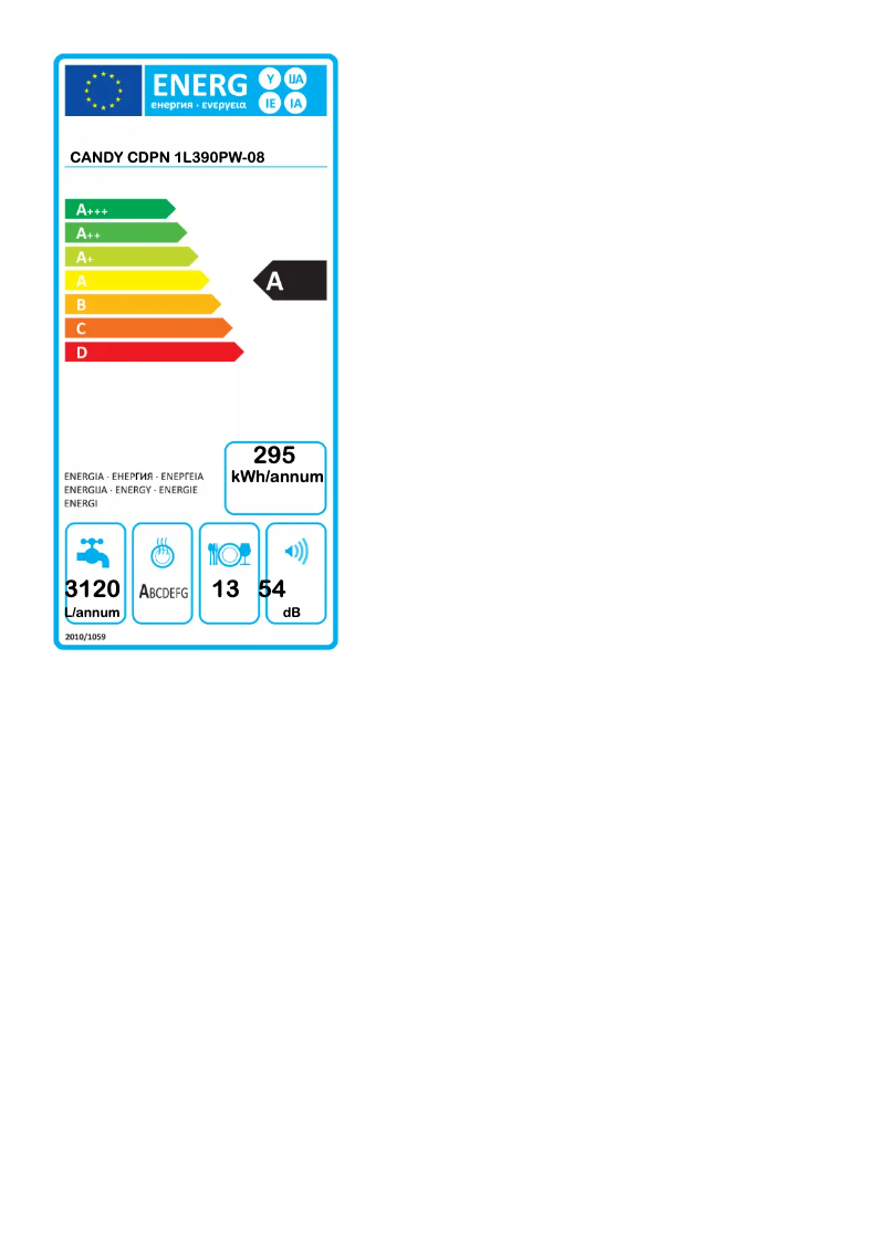 Page 1 de la notice Label énergétique Candy CDPN 1L390PW-08
