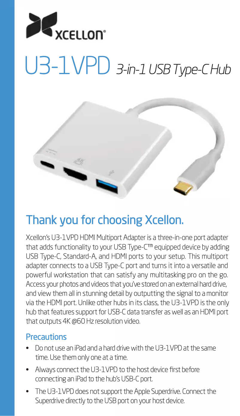Page 1 de la notice Manuel utilisateur Xcellon U3-1VPD