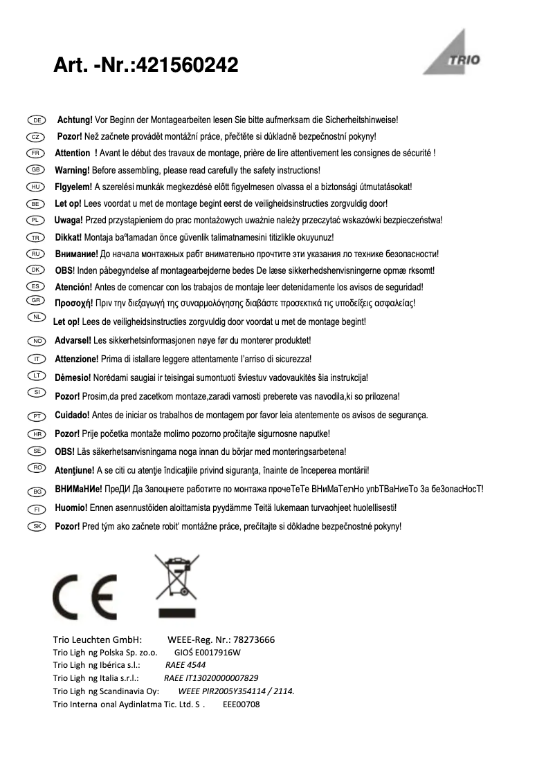 Page 1 de la notice Manuel utilisateur Trio Lighting Cubango