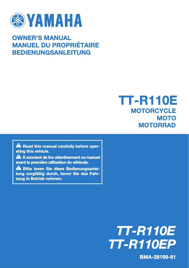 Page 1 de la notice Manuel utilisateur Yamaha TT-R110E (2023)