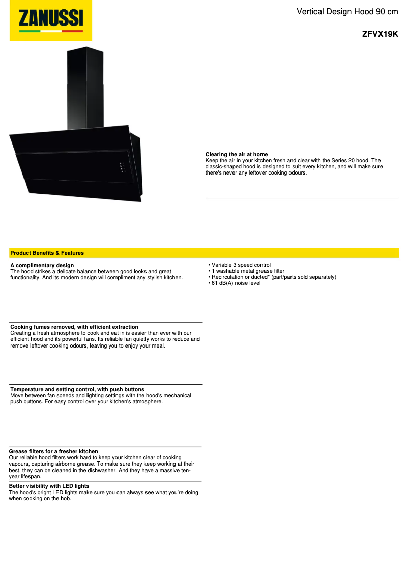 Page 1 de la notice Fiche technique Zanussi ZFVX19K