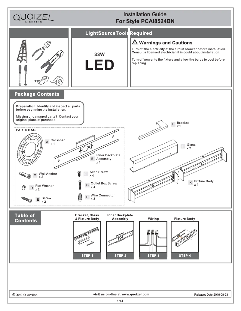 Page 1 de la notice Manuel utilisateur Quoizel Allison PCAI8524BN