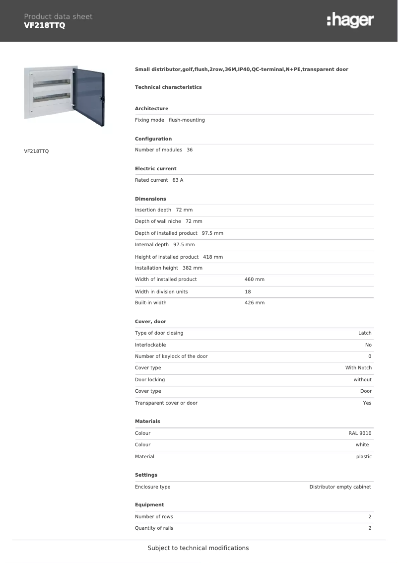 Page n°1 - Fiche technique Hager VF218TTQ