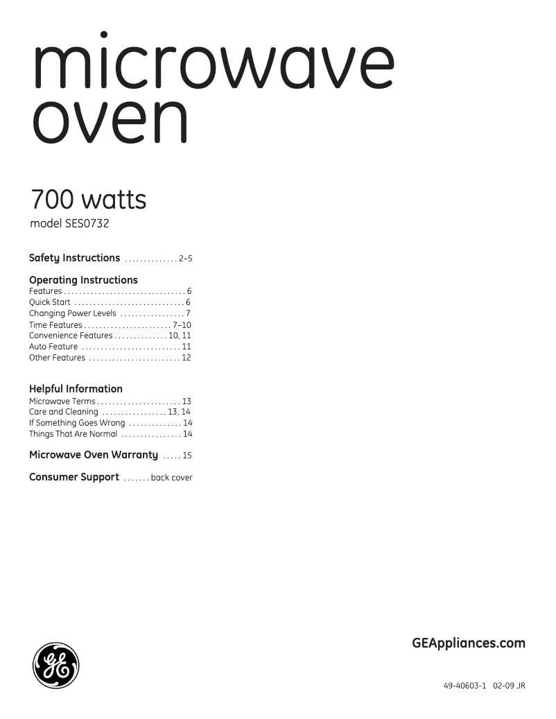 Page n°1 - Manuel utilisateur GE SES0732DNBB