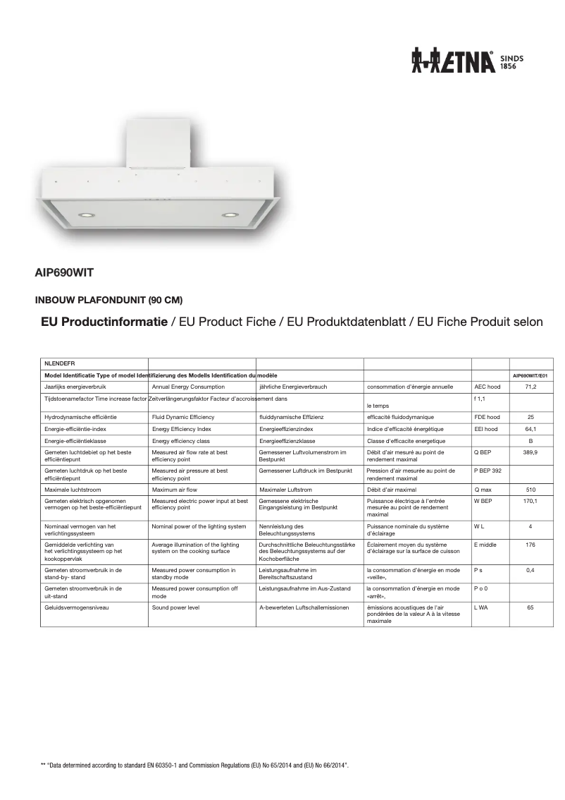 Page 1 de la notice Fiche technique Etna AIP690WIT