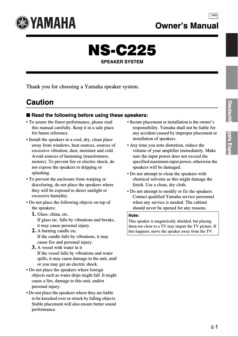 Page n°1 - Manuel utilisateur Yamaha NS-C225