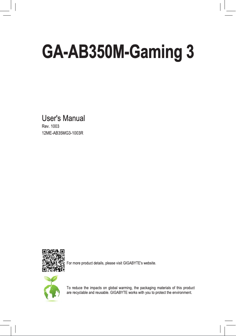 Image de la première page du manuel de l'appareil GA-AB350M-Gaming 3