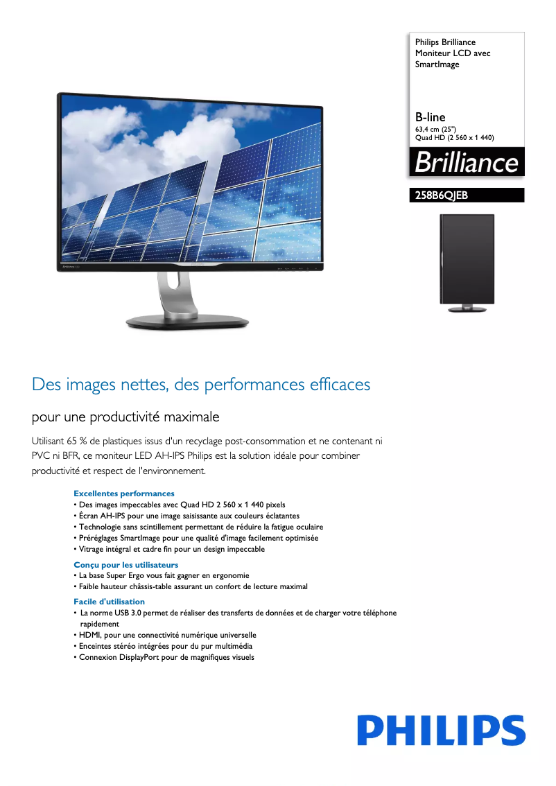 Page 1 de la notice Fiche technique Philips Brilliance 258B6QJEB