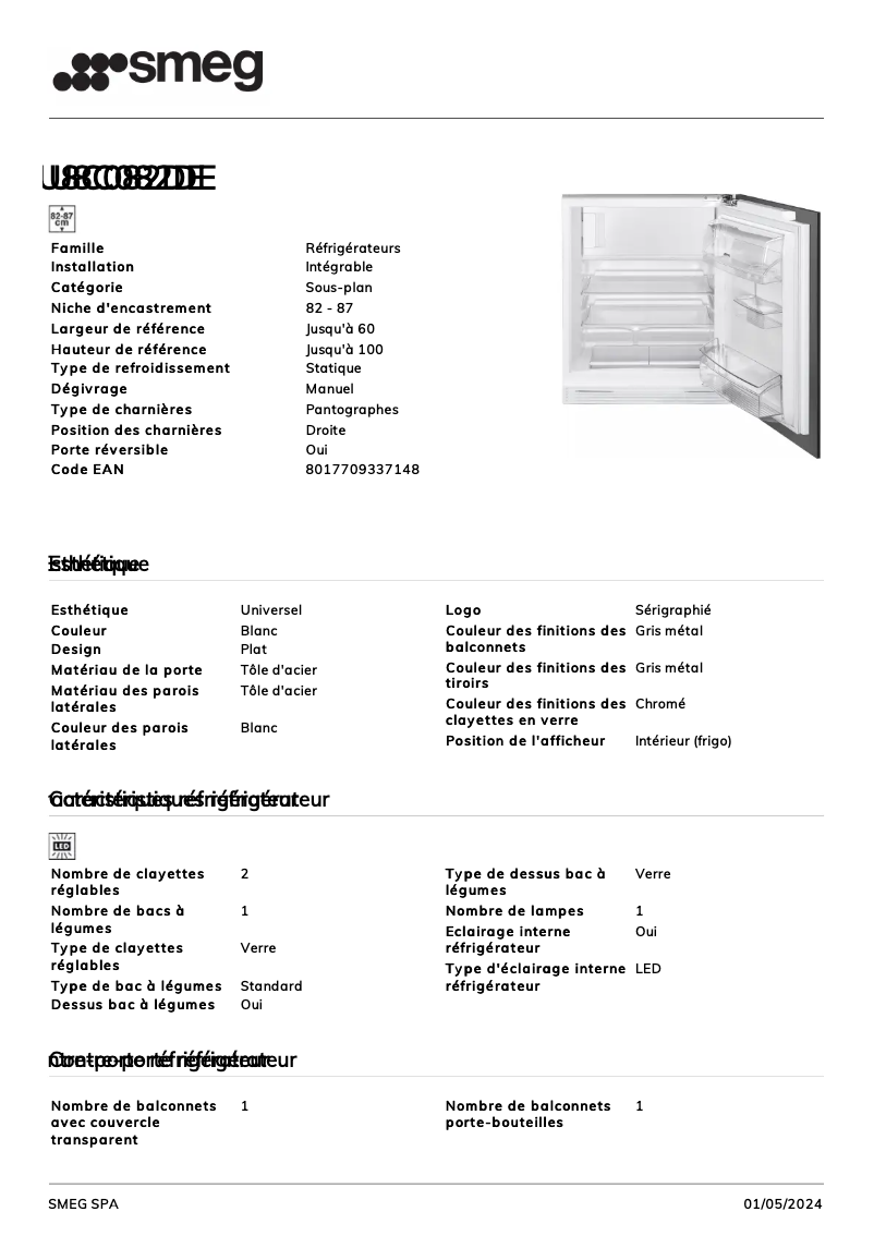 Page 1 de la notice Fiche technique Smeg U8C082DE