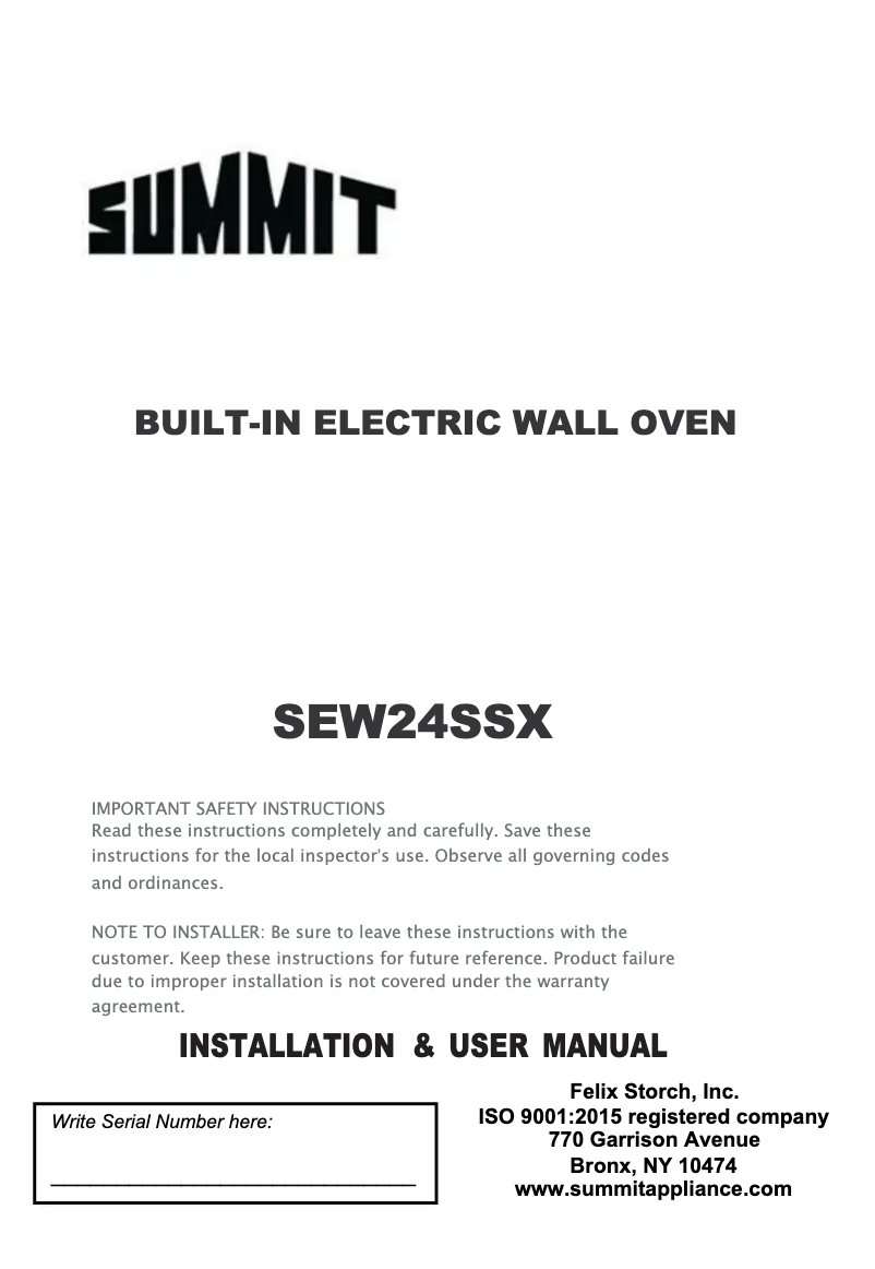 Page n°1 - Manuel utilisateur Summit SEW24SSX
