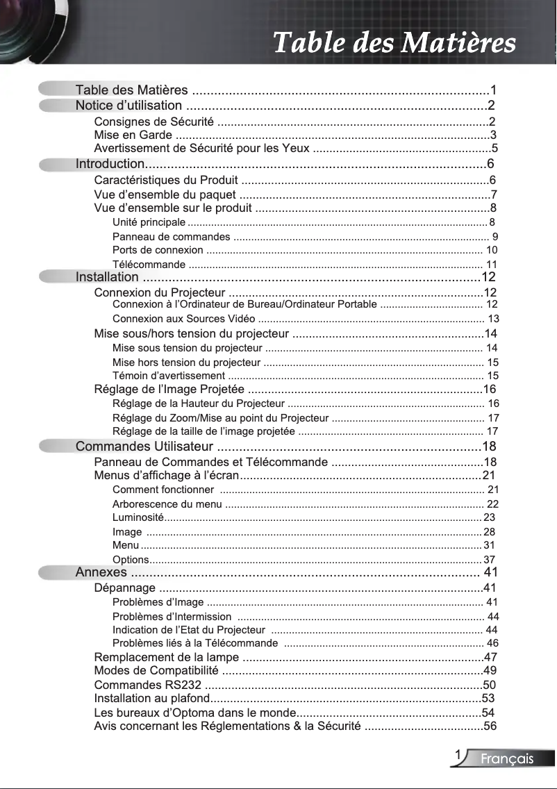 Page 1 de la notice Manuel utilisateur Optoma EP721I