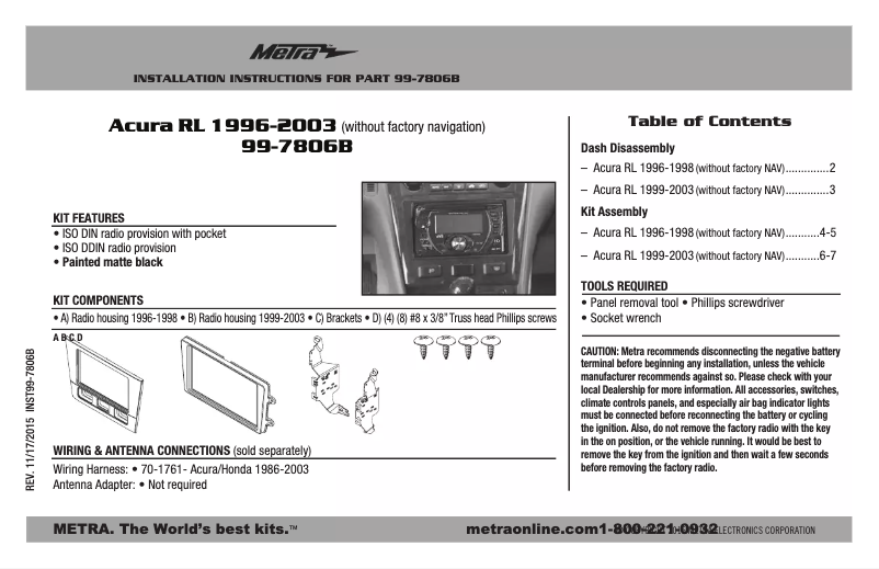 Página 1 del manual Guía de instalación Metra 99-7806B