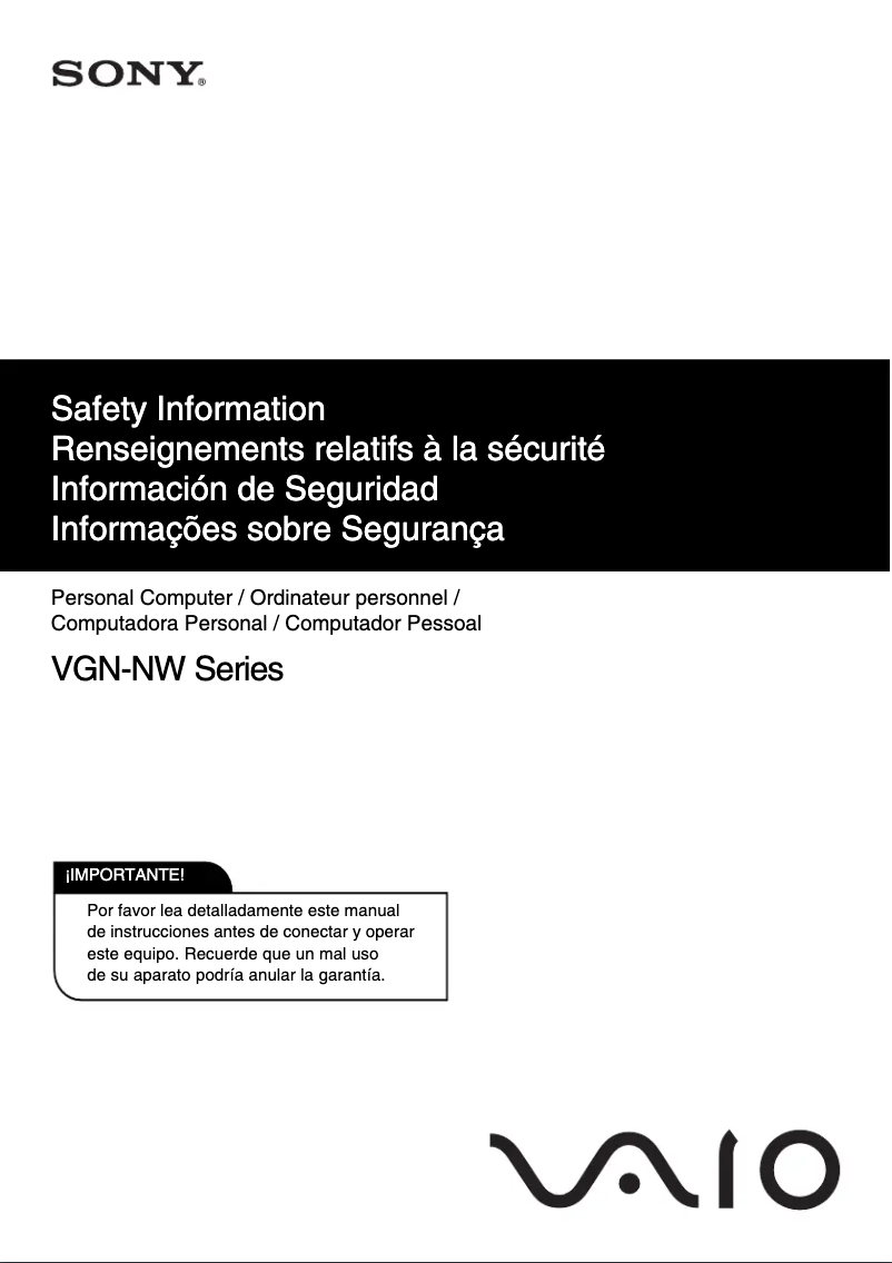 Page 1 de la notice Instructions de sécurité Sony Vaio VGN-NW160J