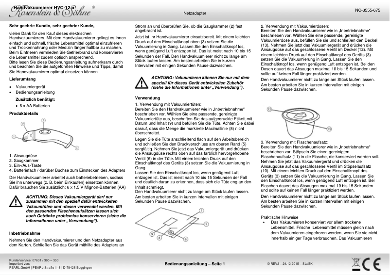 Page 1 de la notice Manuel utilisateur Rosenstein & Söhne NC-3555-919