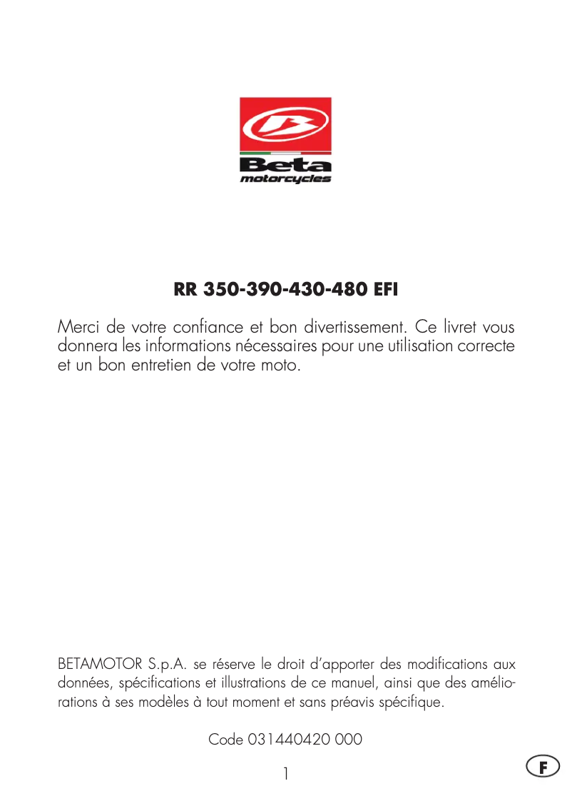 Page 1 de la notice Manuel utilisateur Beta RR 350 (2018)