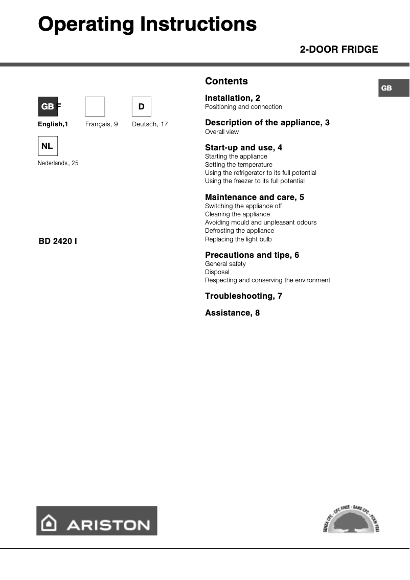 Page 1 de la notice Manuel utilisateur Hotpoint Ariston BD 2420 I