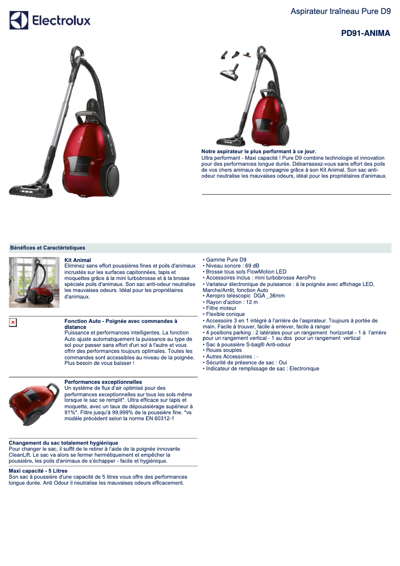 Page 1 de la notice Fiche technique Electrolux PD91-ANIMA
