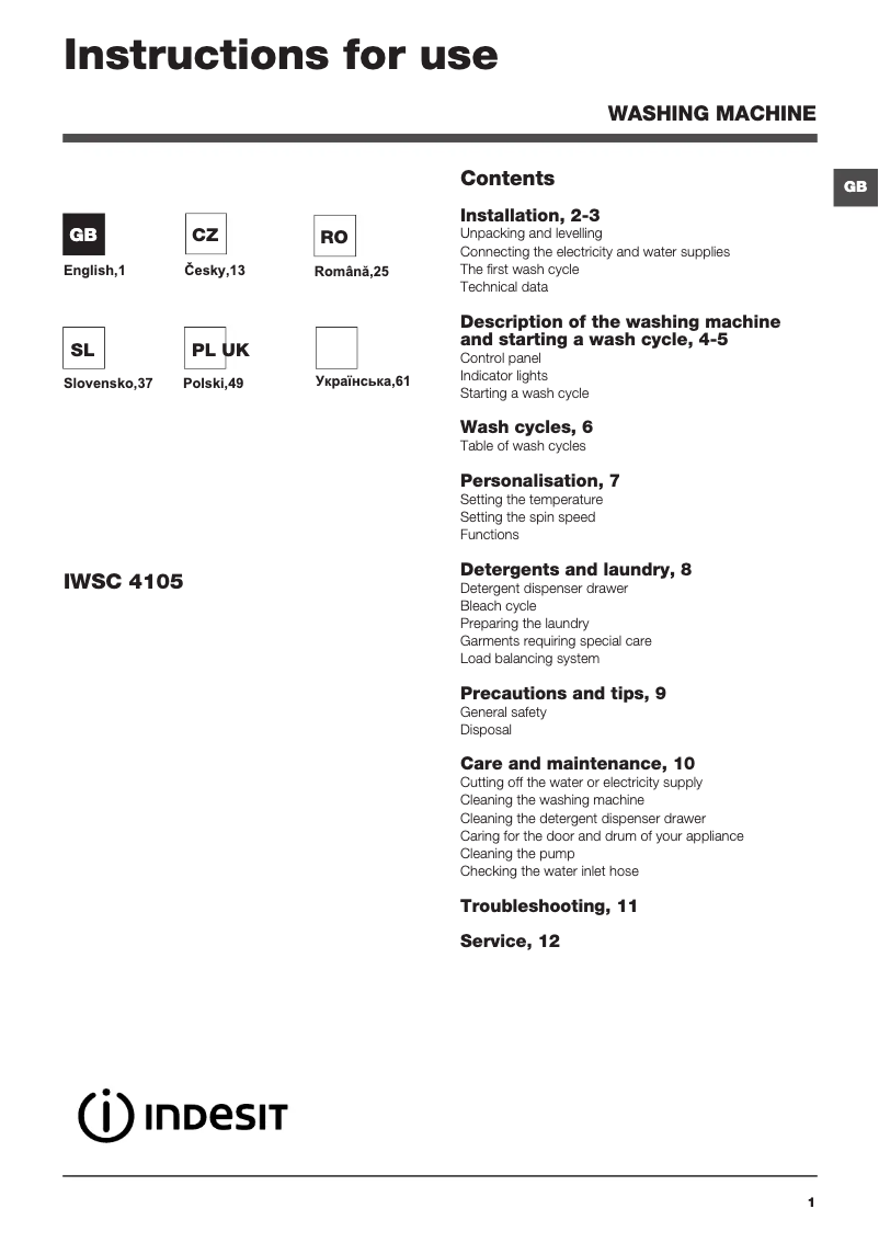 Page 1 de la notice Manuel utilisateur Indesit IWSC 4105