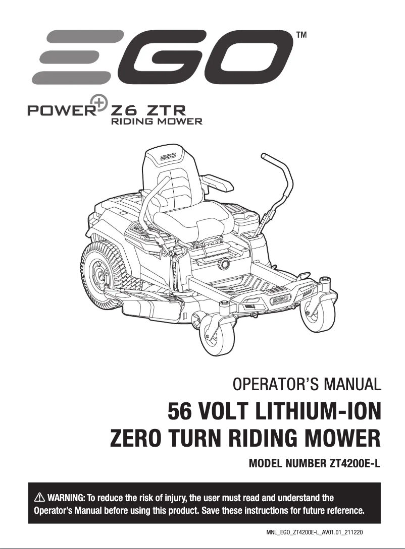 Page 1 de la notice Manuel utilisateur EGO Power+ ZT4204E-L