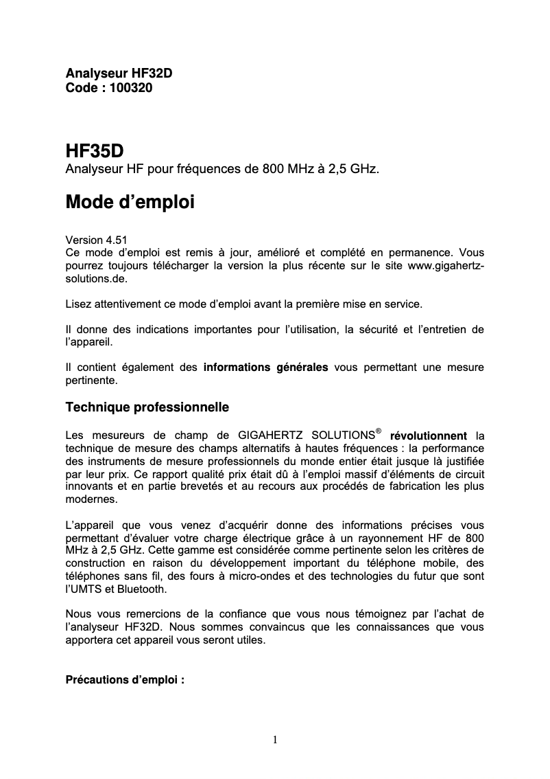 Page 1 de la notice Manuel utilisateur Gigahertz Solutions HF 32D