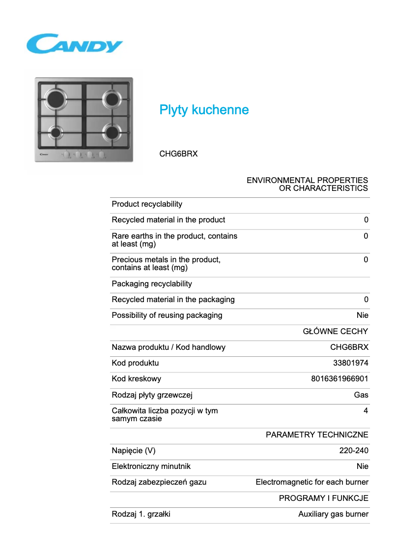 Page 1 de la notice Fiche technique Candy CHG6BRX