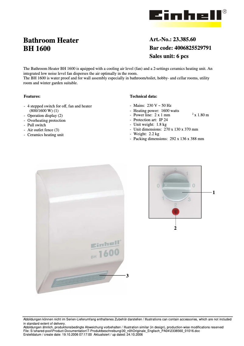 Page 1 de la notice Manuel utilisateur Einhell BH 1600