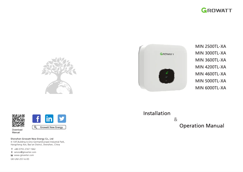 Page 1 de la notice Manuel utilisateur Growatt MIN 2500-6000TL-XA