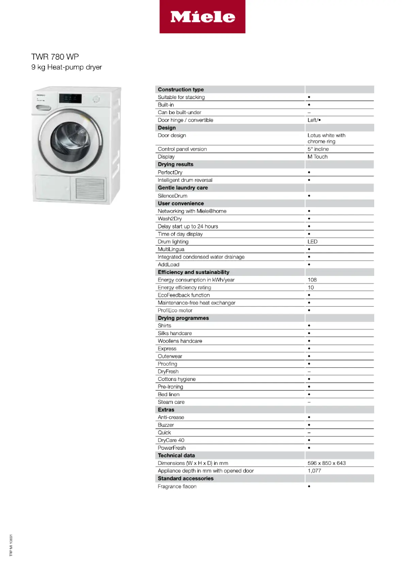 Page 1 de la notice Fiche technique Miele TWR 780 WP