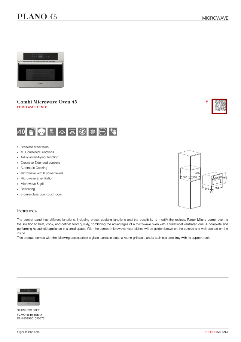 Página 1 del manual Ficha técnica Fulgor Milano FCMO 4510 TEM