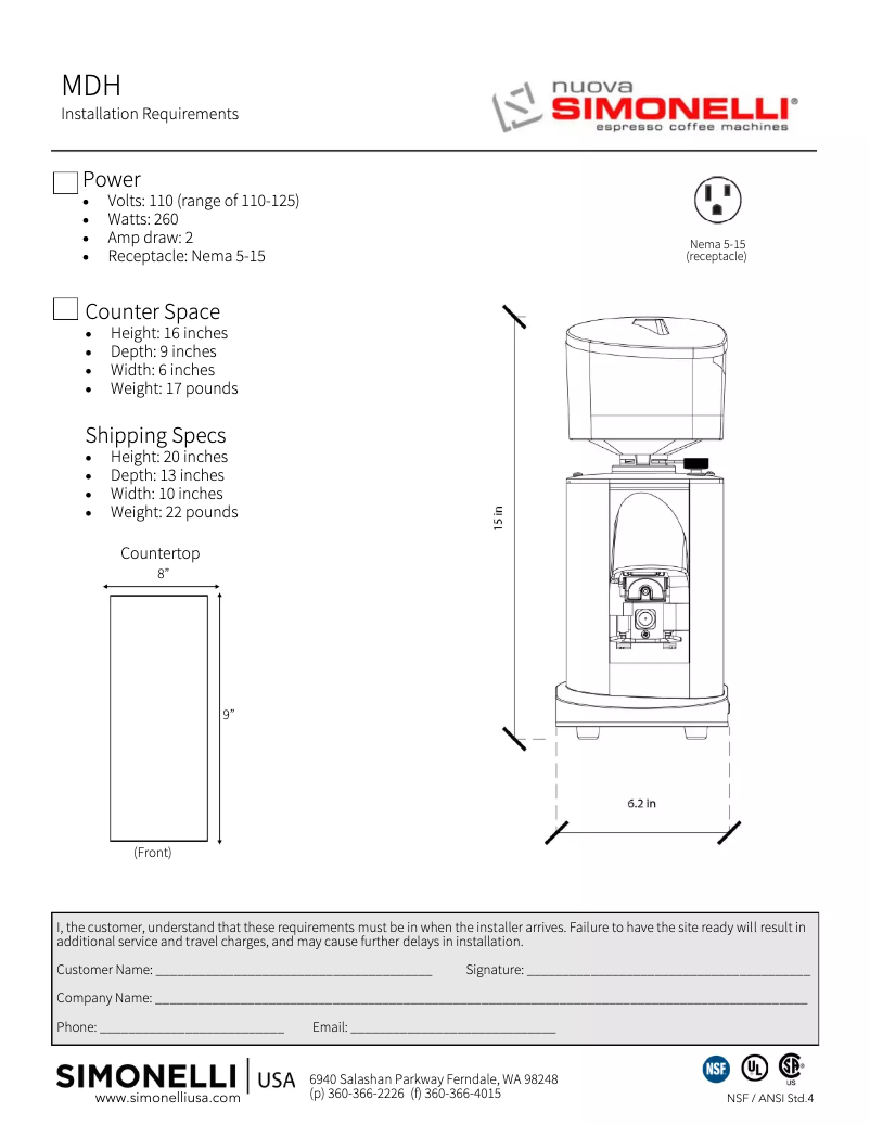 Page 1 de la notice Fiche technique Nuova Simonelli MDH