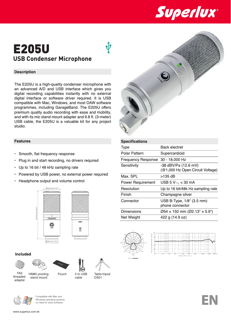 Page n°1 - Fiche technique Superlux E205U