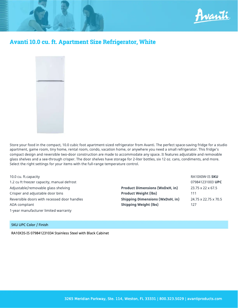 Page 1 de la notice Fiche technique Avanti RA10X0W-IS