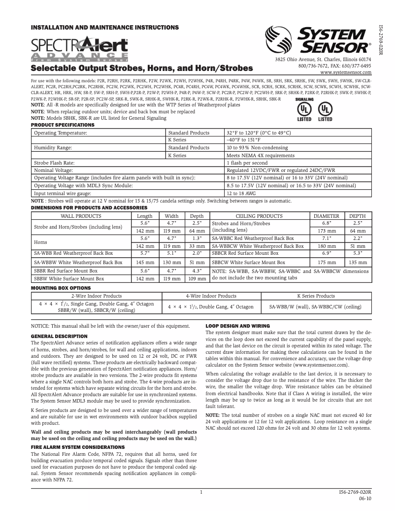 Page 1 de la notice Manuel utilisateur System Sensor PC2W