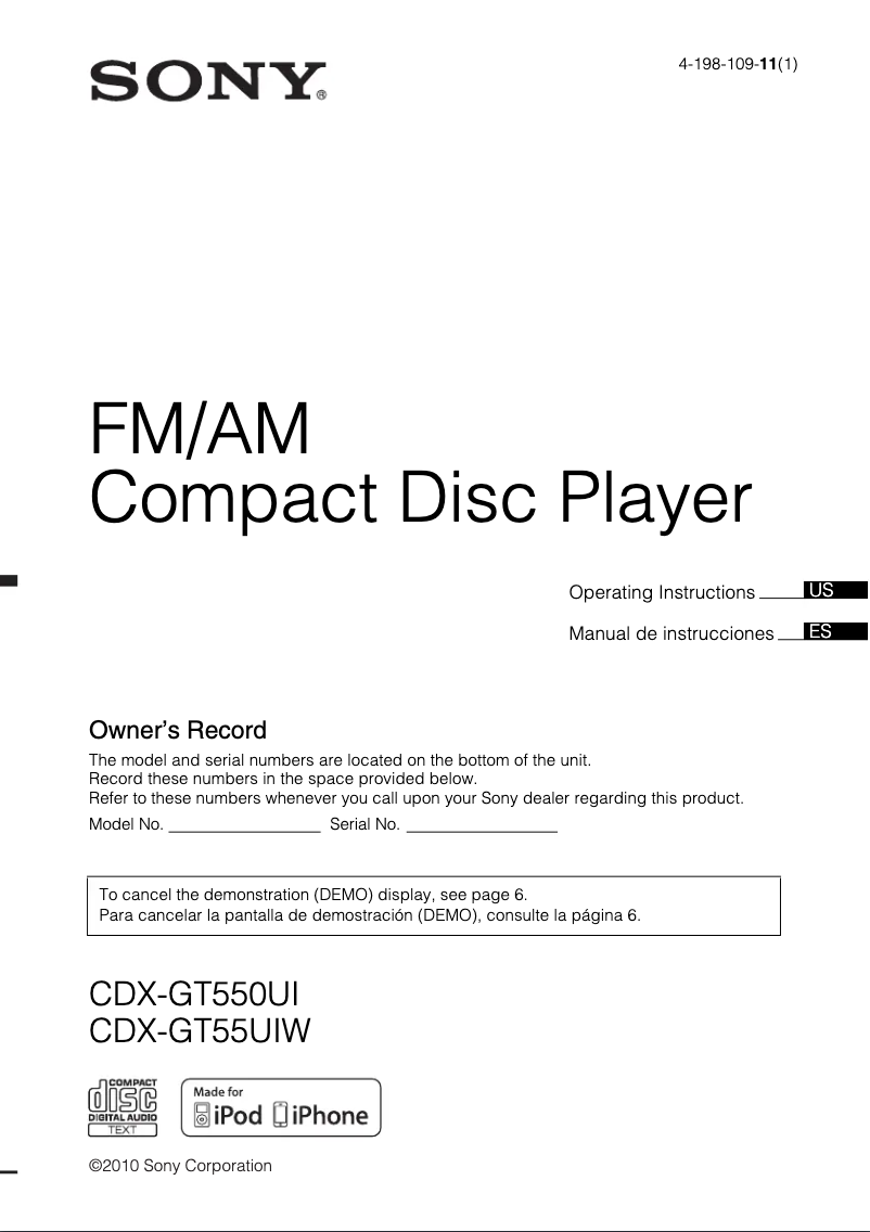 Página 1 del manual Manual de usuario Sony CDX-GT55UIW
