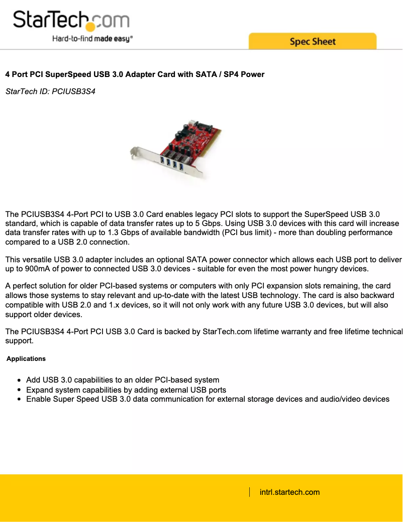Page n°1 - Brochure StarTech.com PCIUSB3S4