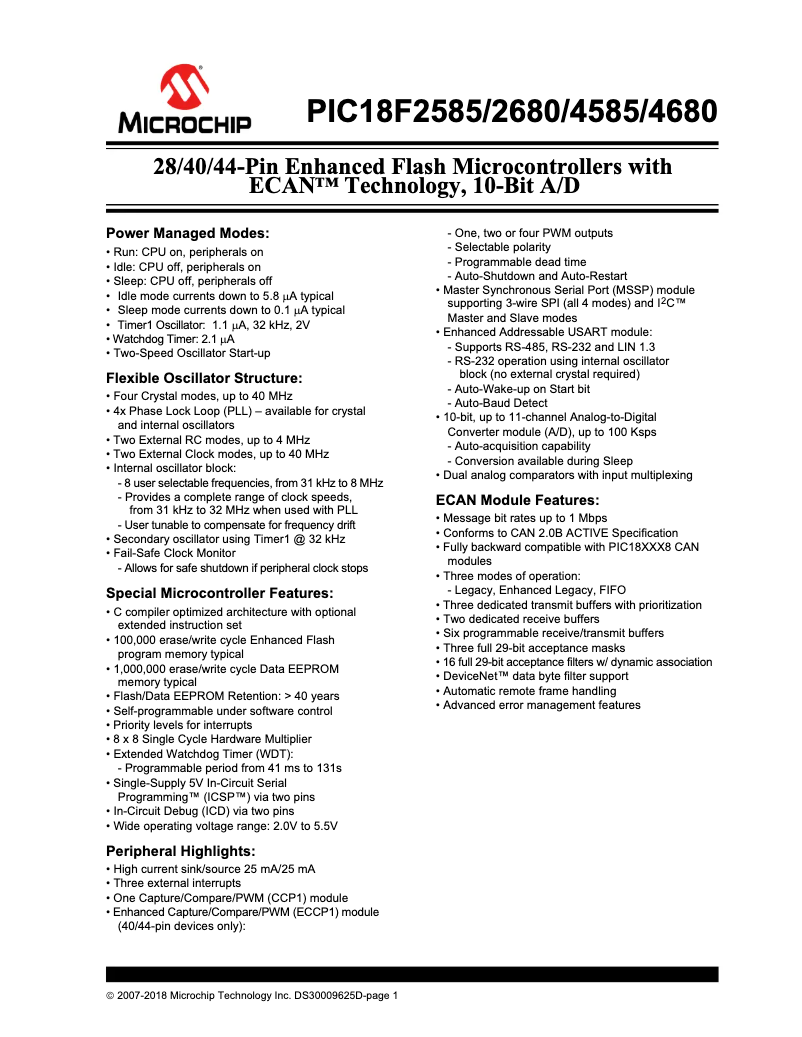 Page 1 de la notice Fiche technique Microchip PIC18F2680