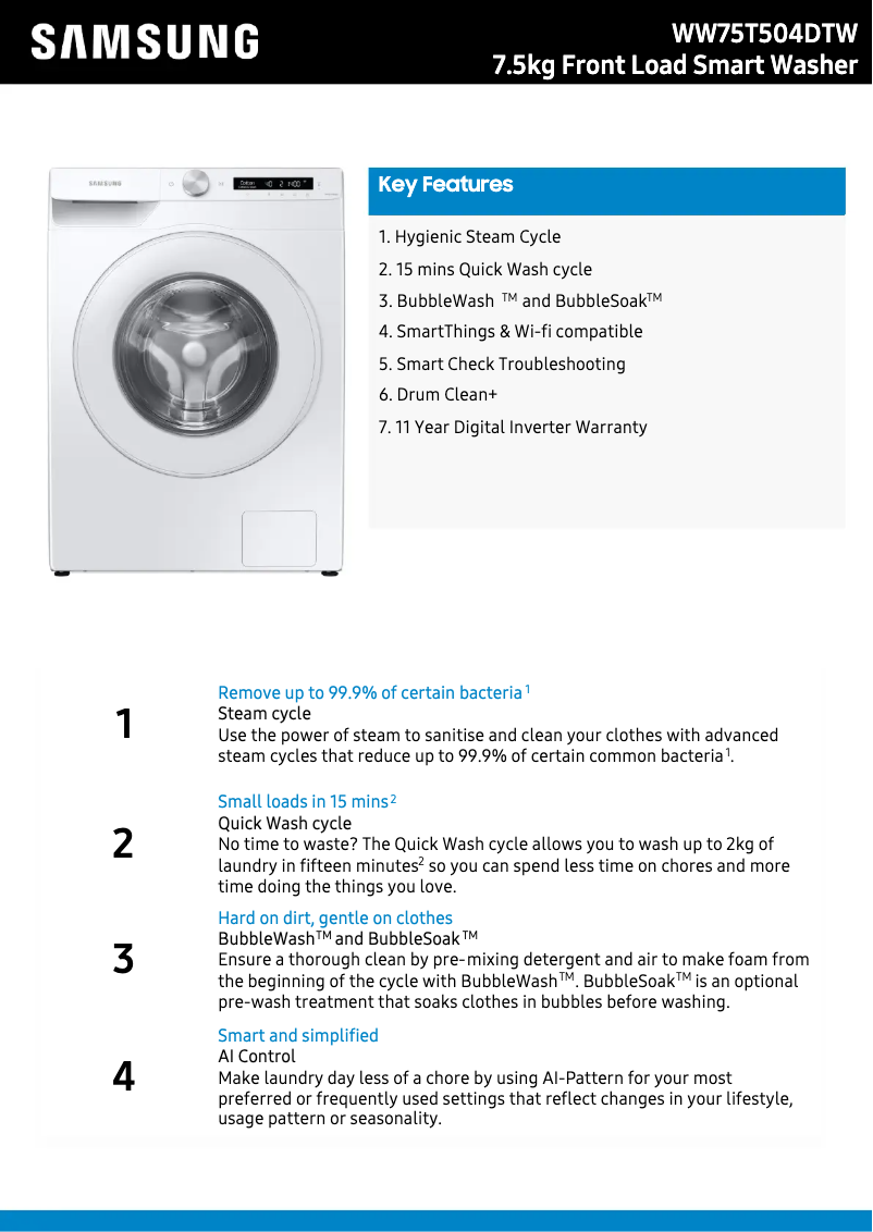 Page 1 de la notice Fiche technique Samsung WW75T504DTW