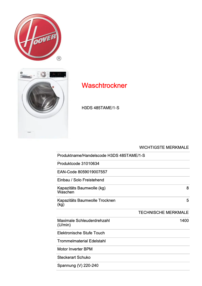 Page 1 de la notice Fiche technique Hoover H-WASH 300 PLUS