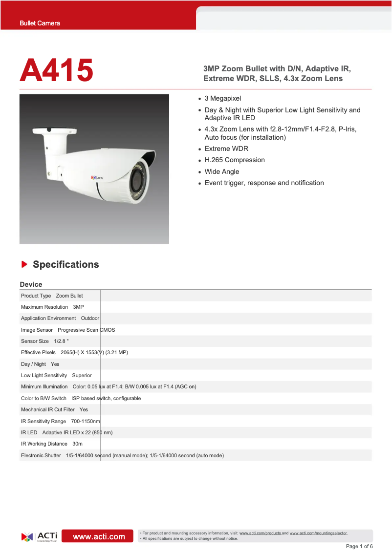 Page 1 de la notice Fiche technique ACTi A415