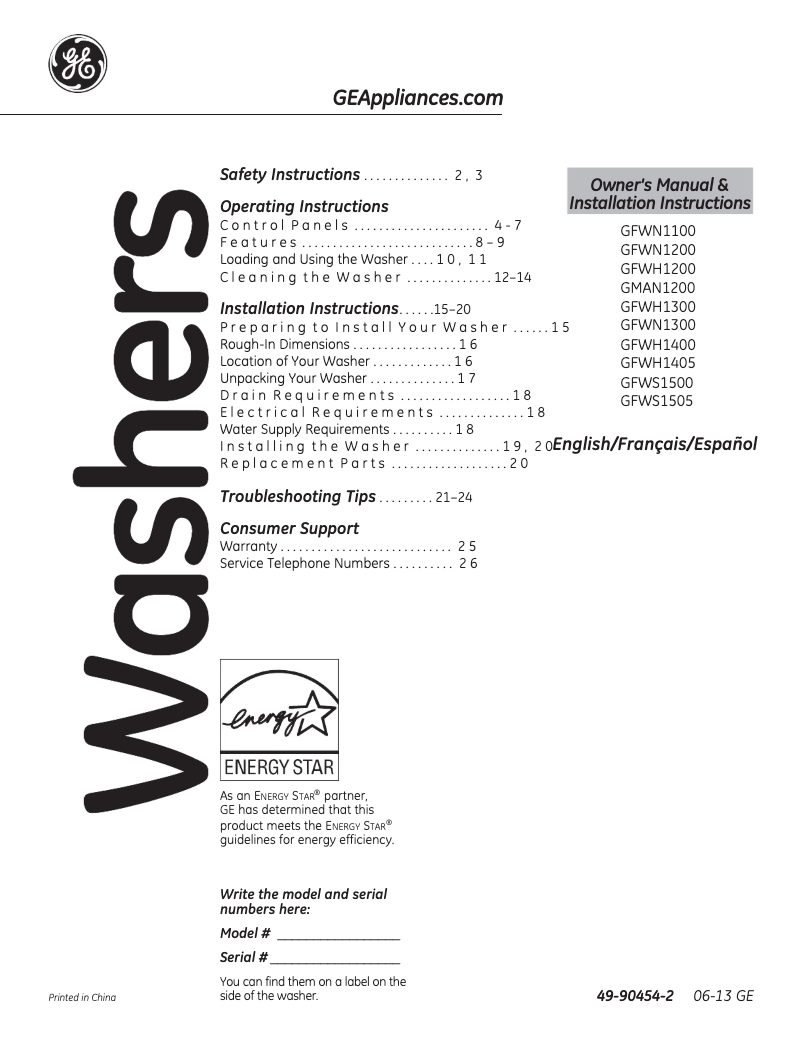 Image de la première page du manuel de l'appareil GFWH1400DWW