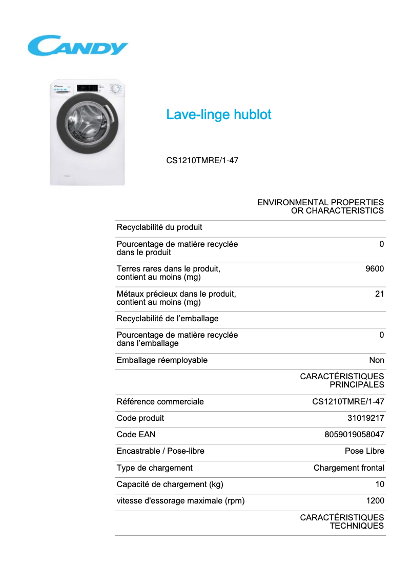 Page 1 de la notice Fiche technique Candy CS1210TMRE/1-47