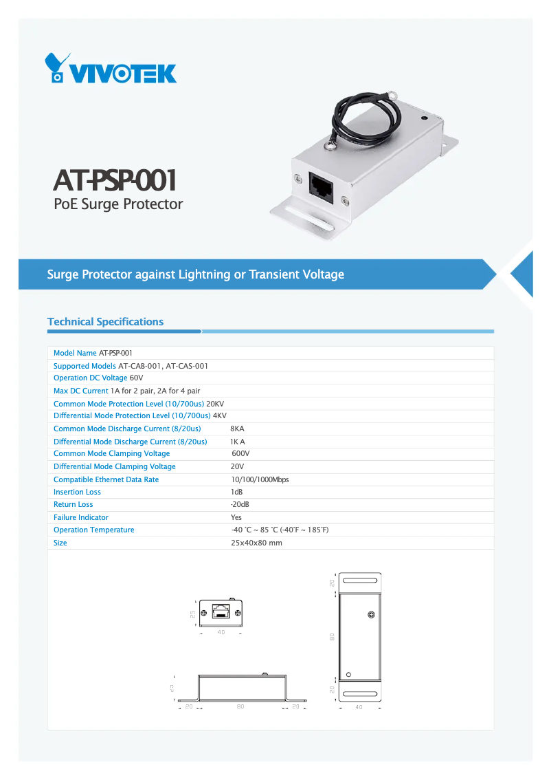Page 1 of the manual Technical Sheet Vivotek AT-PSP-001