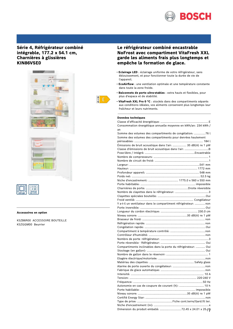 Page n°1 - Fiche technique Bosch KIN86VSE0