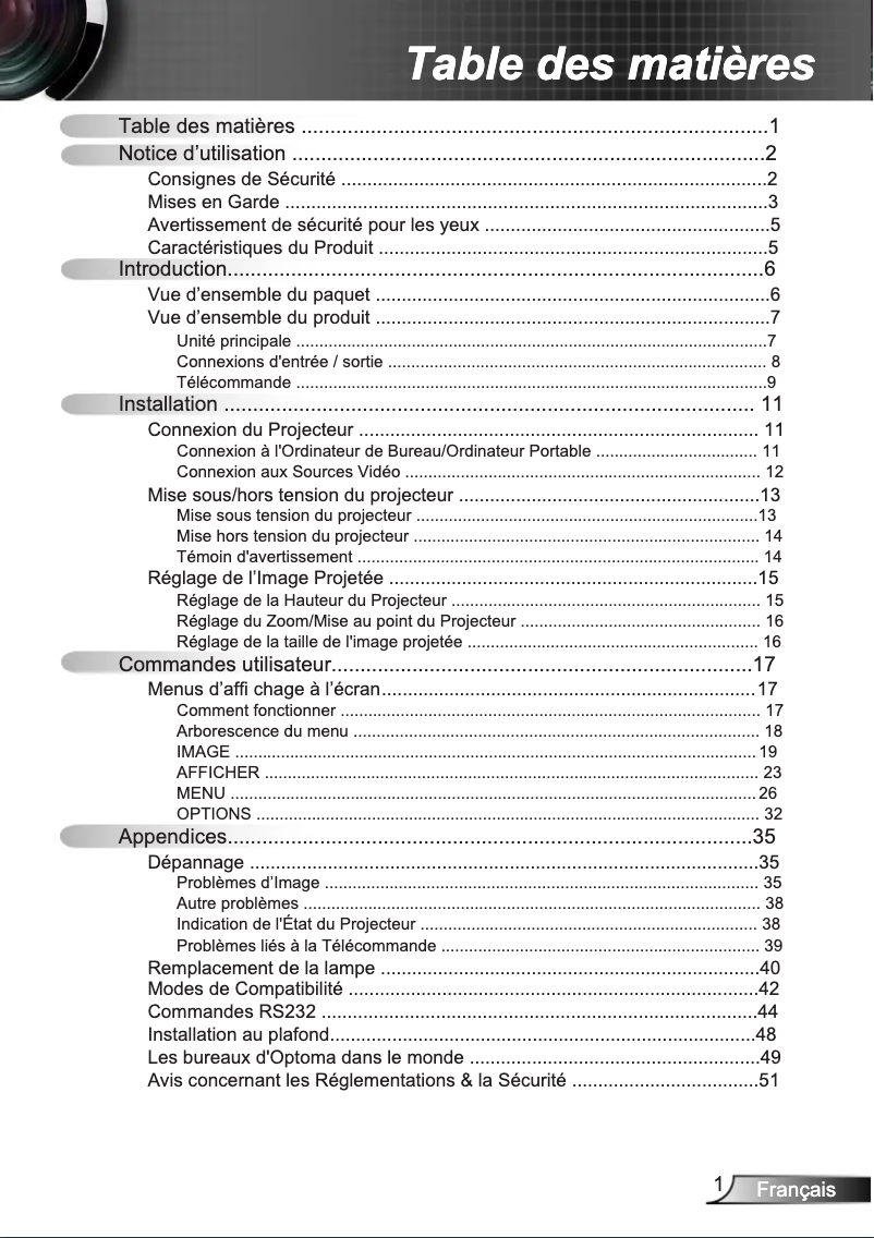 Page 1 de la notice Manuel utilisateur Optoma ES521