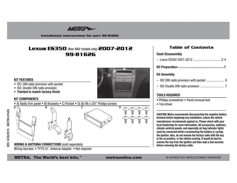 Page n°1 - Manuel utilisateur Metra 99-8162G