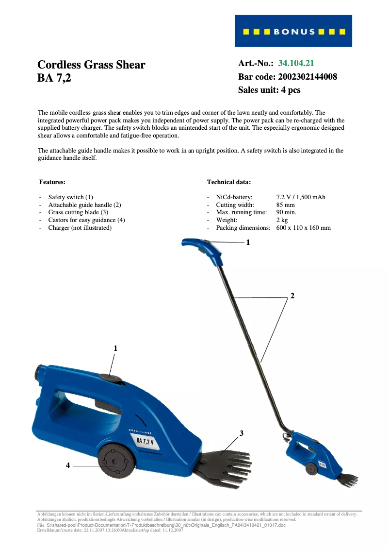 Page 1 de la notice Manuel utilisateur Bonus BA 7,2 V