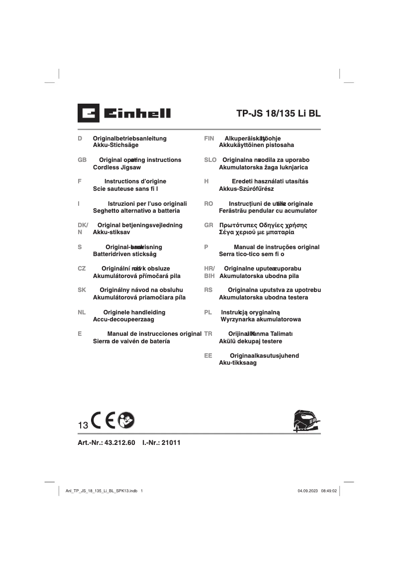Page 1 de la notice Manuel utilisateur Einhell TP-JS 18/135 Li BL