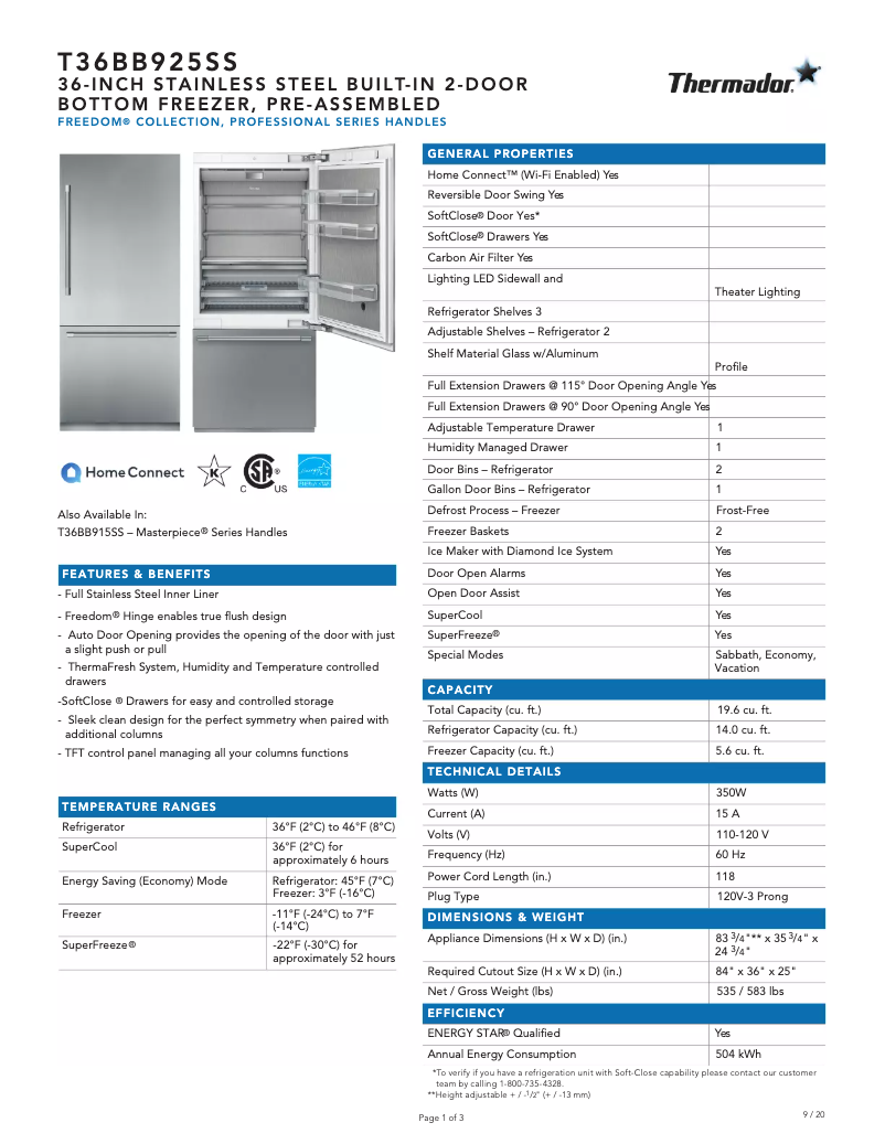 Page n°1 - Fiche technique Thermador T36BB925SS
